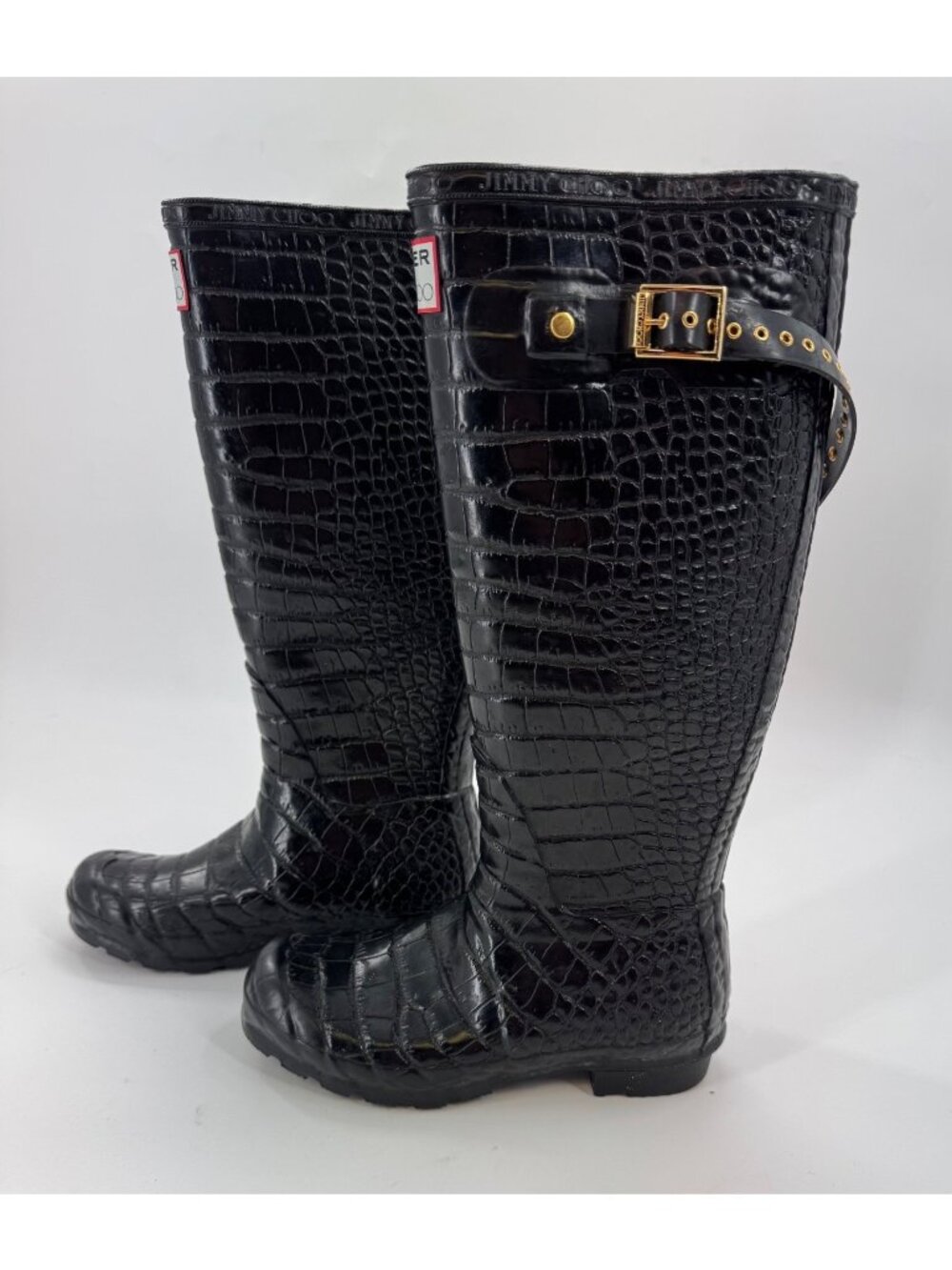 Jimmy Choo x Hunter Croc Embossed Tall Rain Boots Black Rubber Leopard Size  6